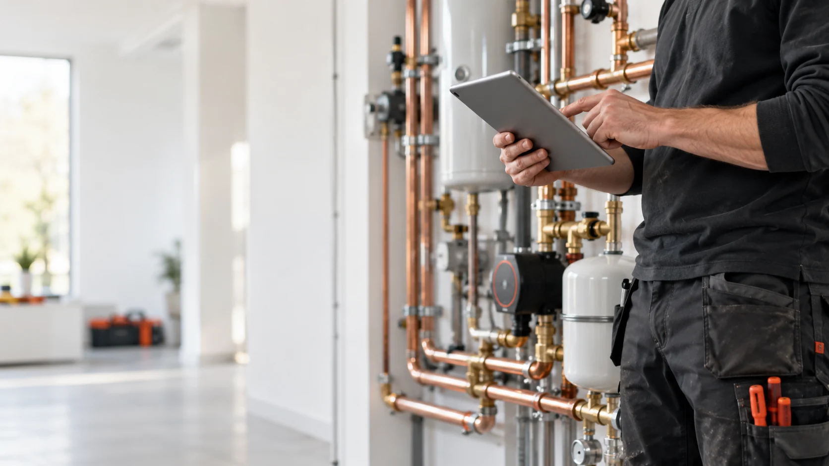 Sfeerbeeld van een installateur met een tablet in een lichte werkplaats