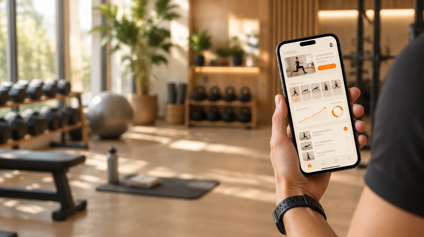 Personal trainer met een fitness-app op een smartphone