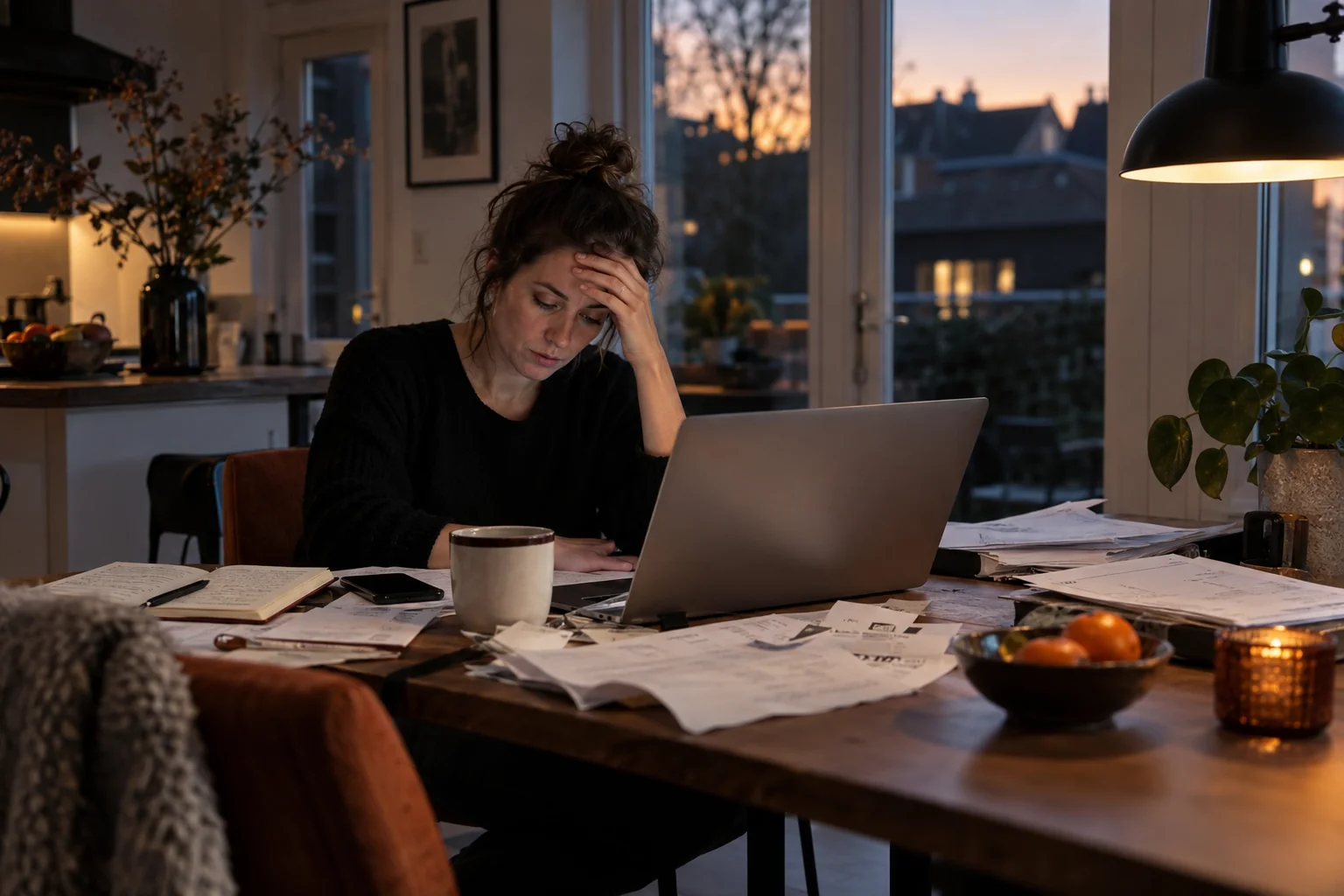 Ondernemer aan een bureau met laptop, telefoon en losse werknotities